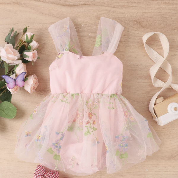 Pink Embroidered Tulle Romper Dress